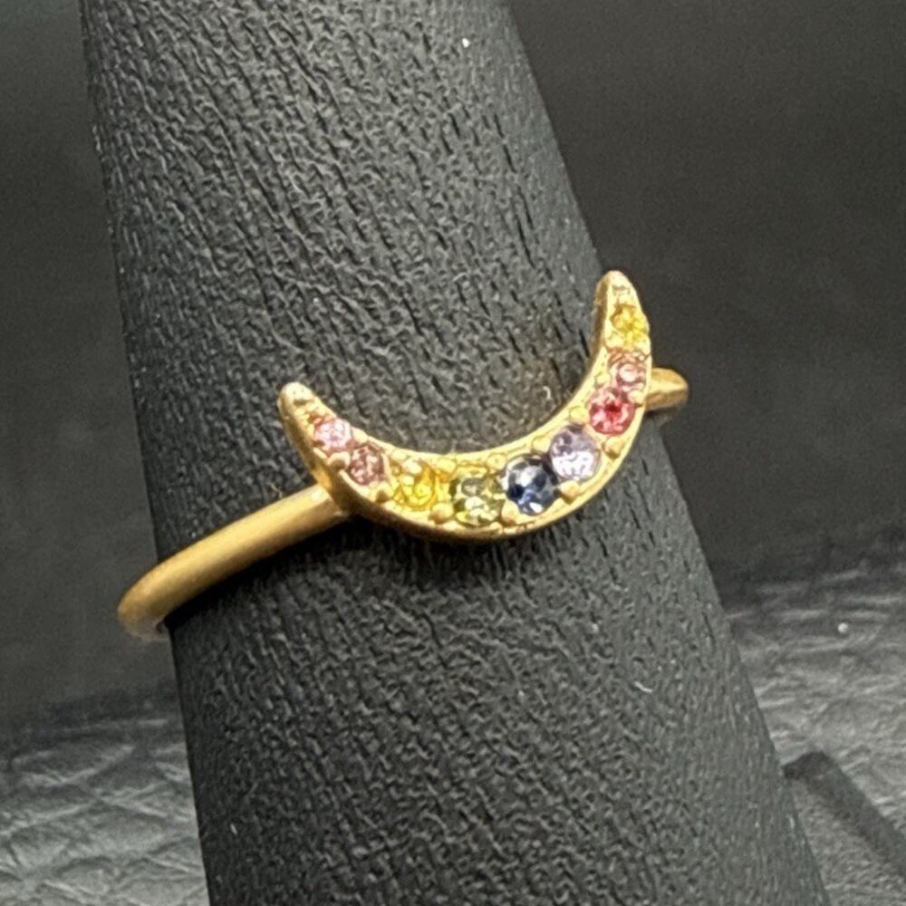 Madewell‎ Ring Size 6.5 Half Moon Crescent Rainbow Rhinestones Satin Gold Tone